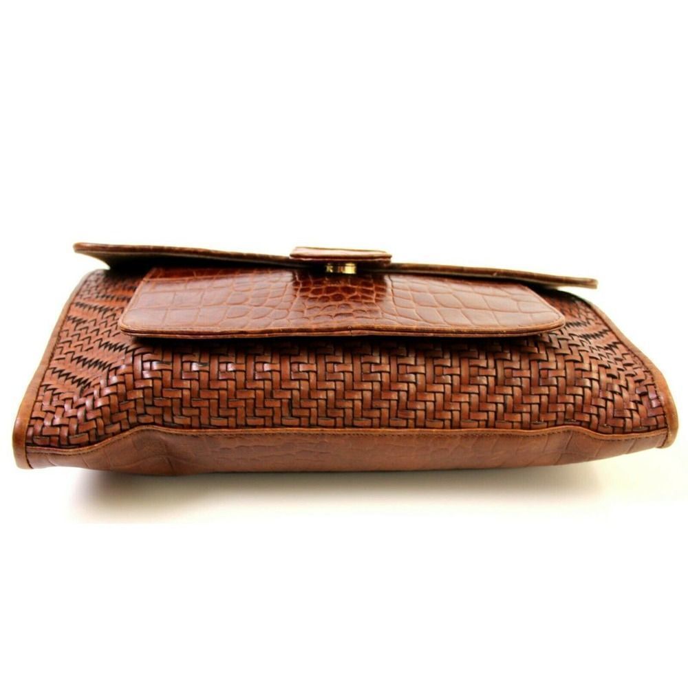 BRIO! BROWN CROCO BRAIDED GENUINE LEATHER ENVELOPE CLUTCH SHOULDER BAG HANDBAG - Picture 9 of 12